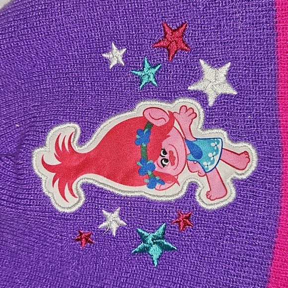 DREAMWORKS Girls Trolls Purple/Pink Poppy Winter Knit Cap w/Pompom + Knit Gloves - Picture 3 of 10